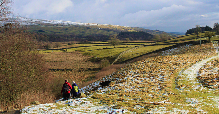 people walking through the durham dales countyside on a winter's day